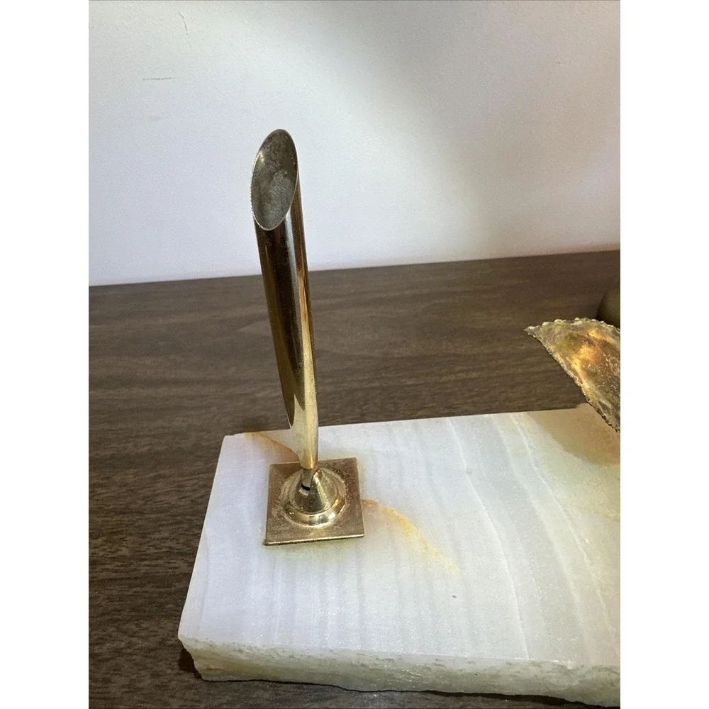 Vintage MCM Gold Brass Metal Enameled‎ Rose Flower Marble Onyx Pen Holder RARE